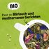 Bio-Hinweis und Text „Passt zu Bärlauch und mediterranen Gerichten“ mit Nahaufnahme der Teemischung