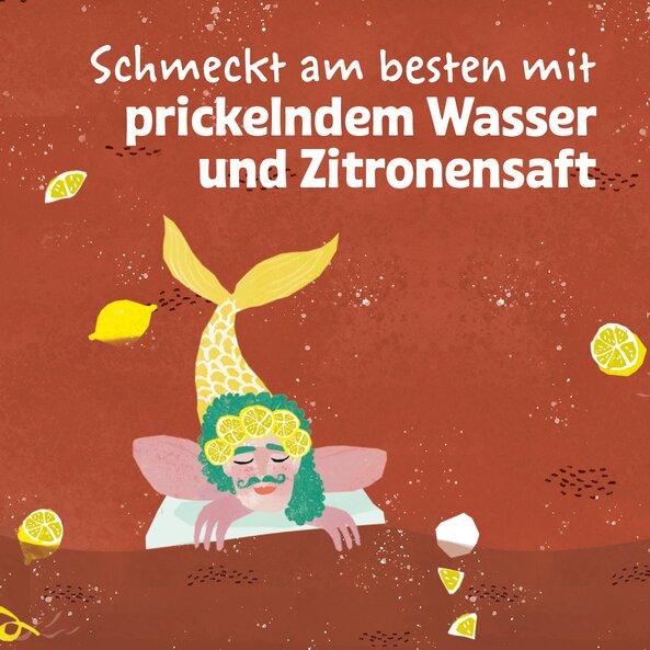 Illustration mit Figur und Text „Schmeckt am besten mit prickelndem Wasser und Zitronensaft“