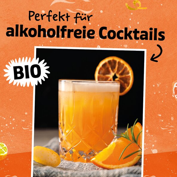 An illustration of a bottle of SONNENTOR orange bitter syrup with the text: ‘Perfect for non-alcoholic cocktails’.
