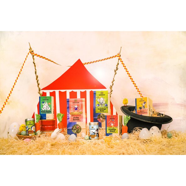 Photo with all Easter products surrounded by Easter decorations and a circus world.
