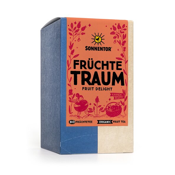 Früchtetraum Tee im Kannenbeutel - Verpackung mit mehreren Illustrationen