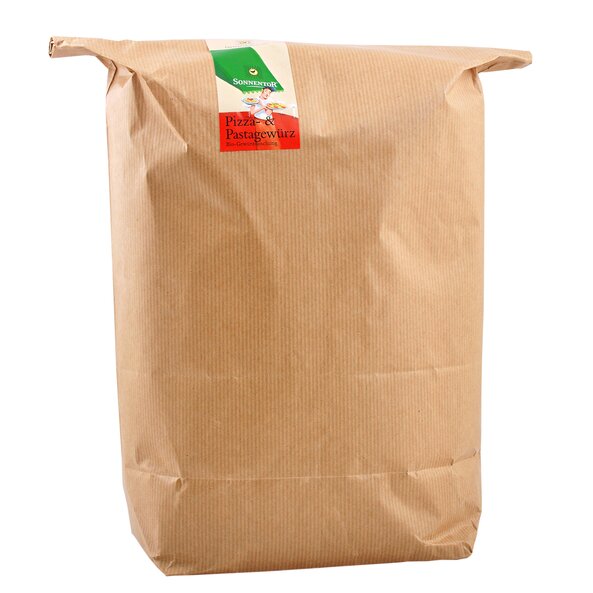 Foto einer braunen Großpackung Pizza- und Pastagewürz.